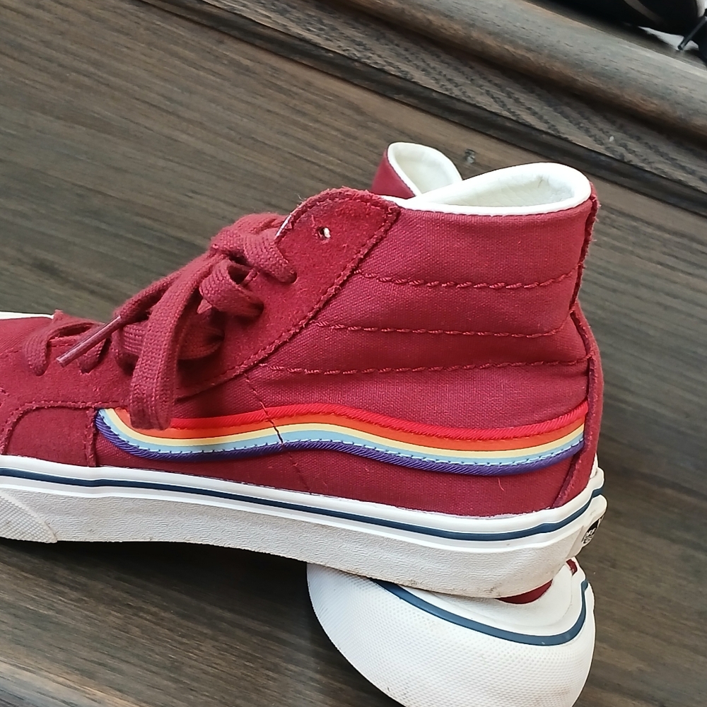 Red High-Top Sneakers with Rainbow Stripe